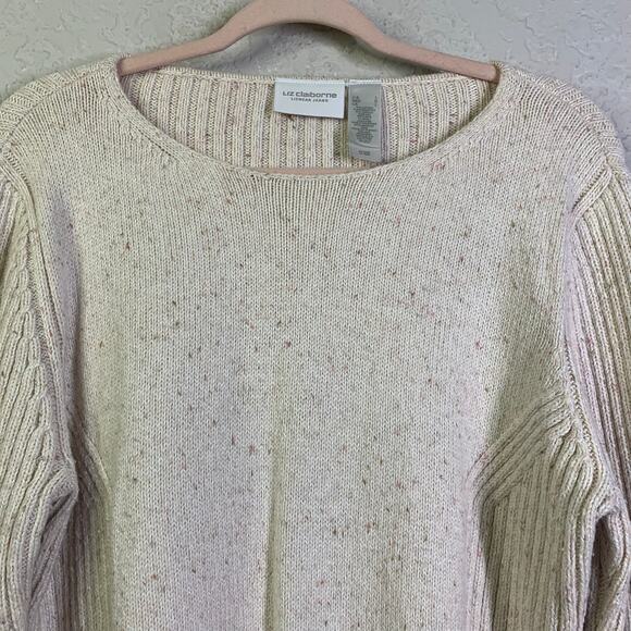 LIZ CLAIBORNE LIZWEAR JEANS Large Cream Moral Ribbed‎ Knit Crew Neck Cotton Wool - Picture 4 of 11
